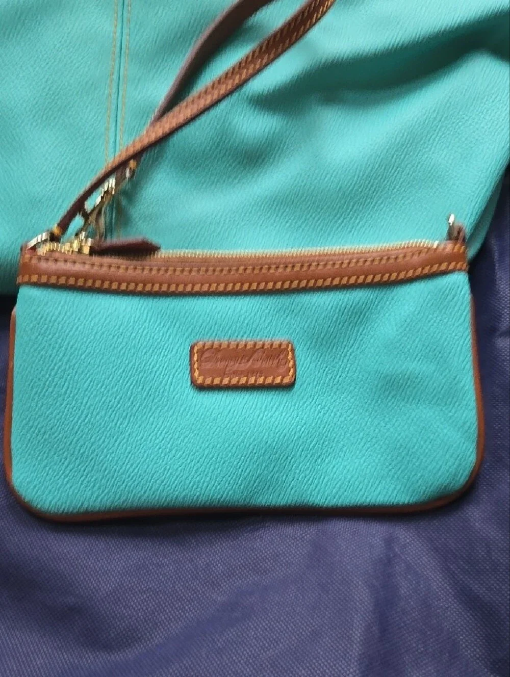 Turquoise Tote Bag with Wristlet - Brown Trim - Picture 2 of 6